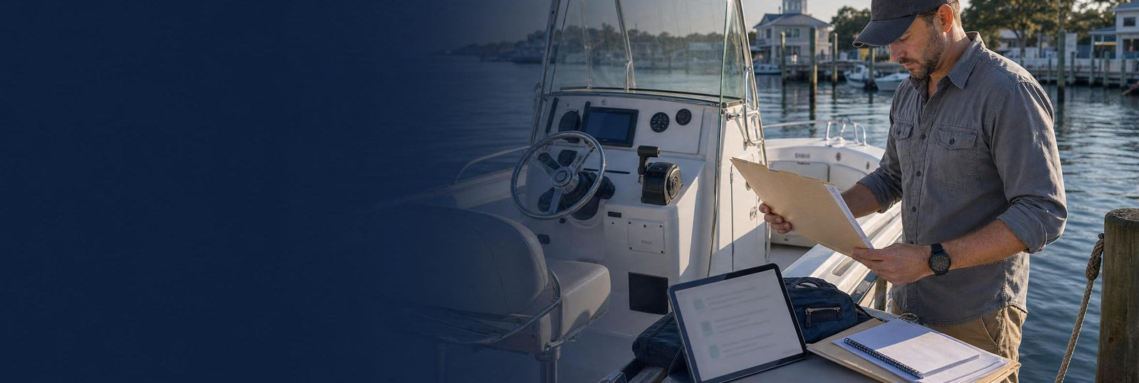 Man with assorted items on dock banner image