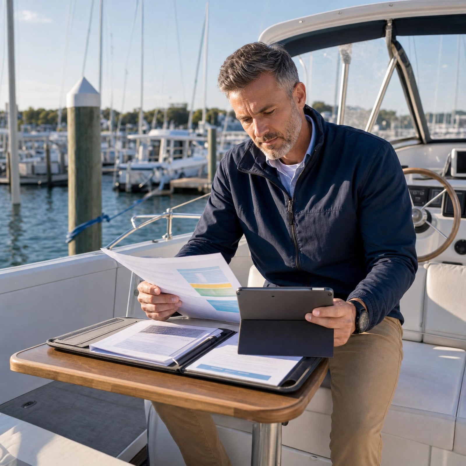 Man on boat with paer work image