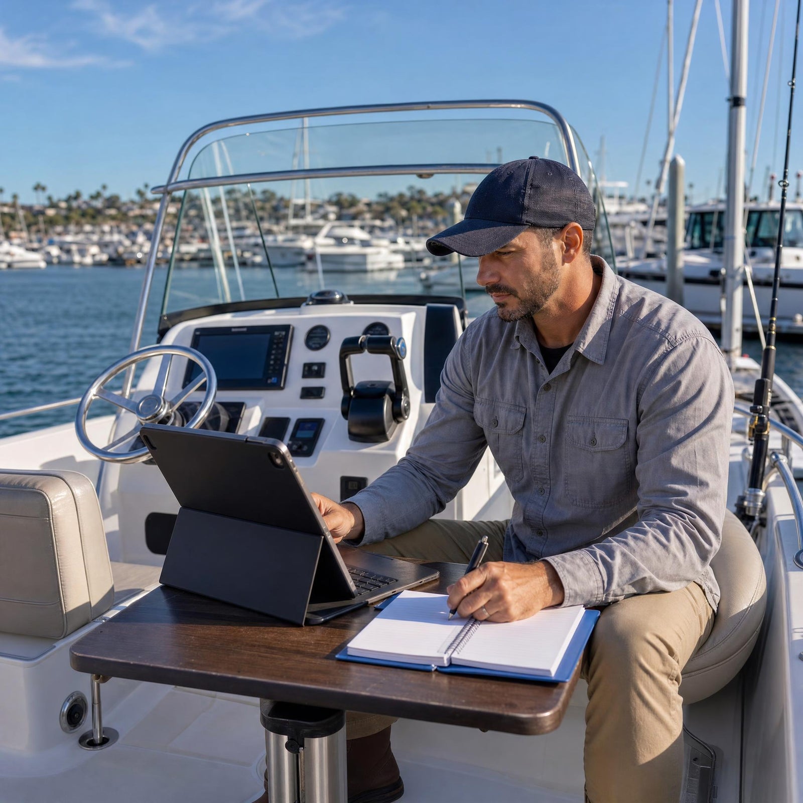 Man on boat working on lap top and notebook image