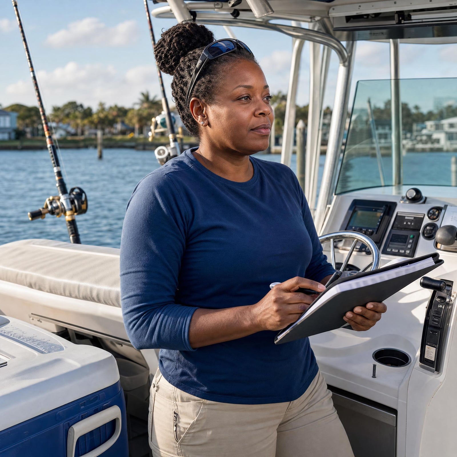 Woman on boat holding book image