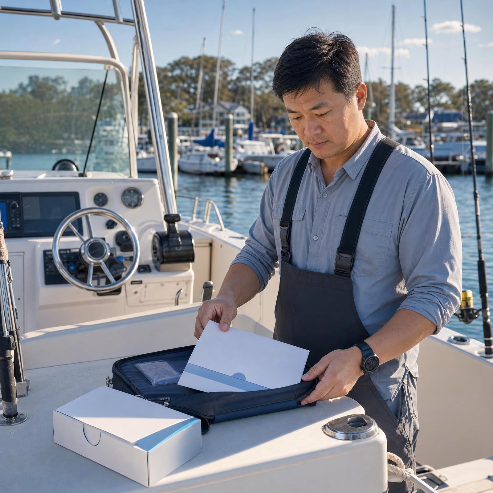 Man on boat with folder image