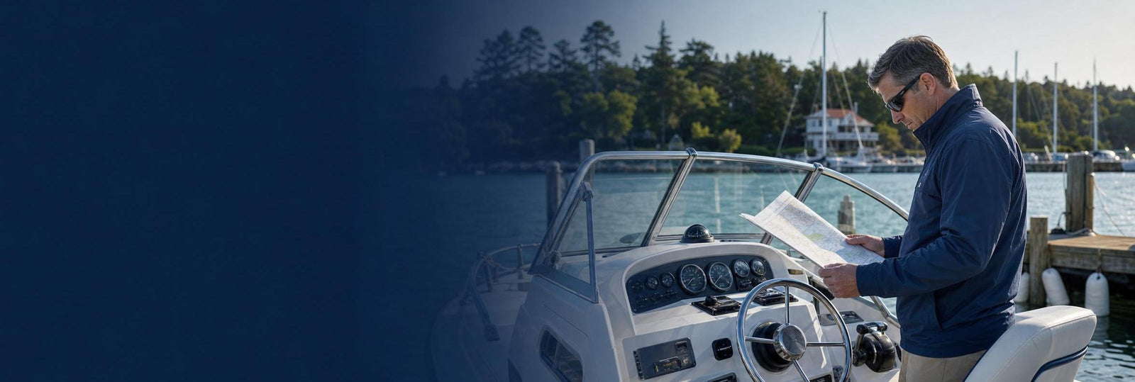Man on boat reading a chart banner image