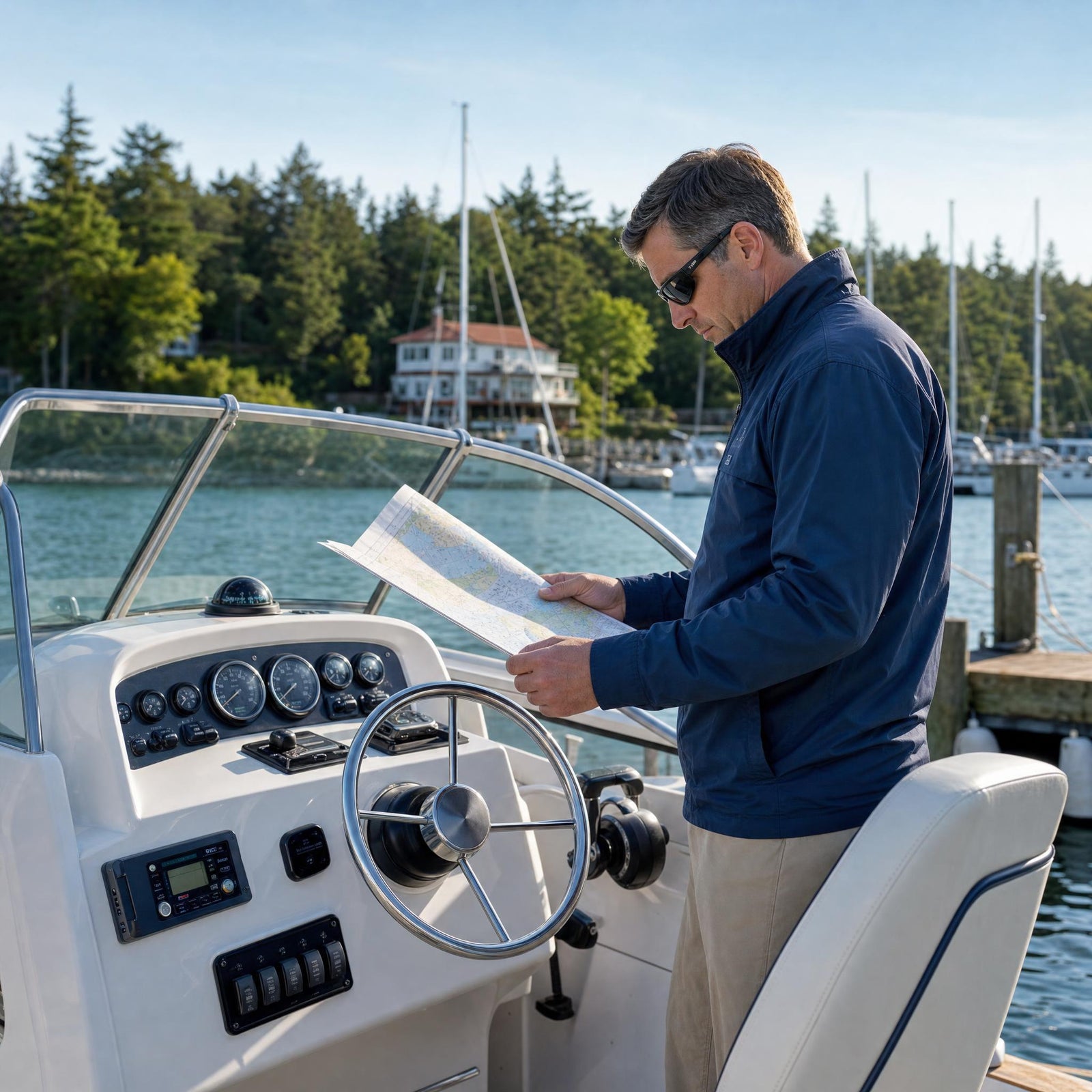 Man on boat reading a chart image