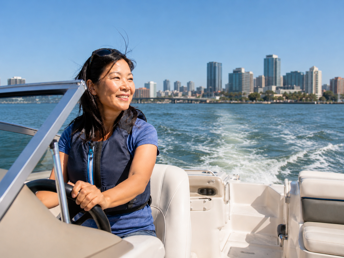 Woman driving boat aroun city harbor