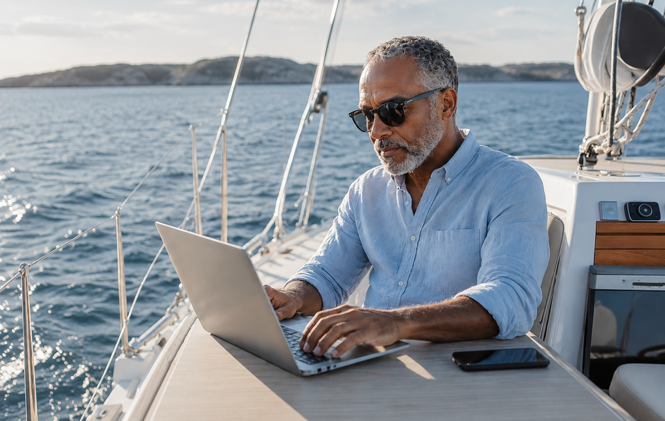 Man with laptop on boat